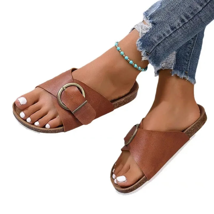Slip-On-Sandalen Damen – Fußbett in Korkoptik mit verstellbarem Schnallenriemen