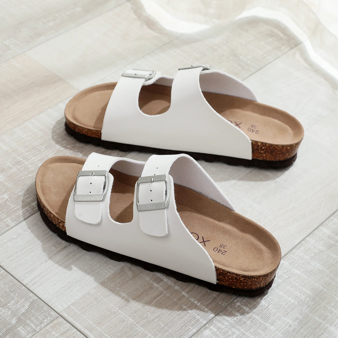 Slip-On-Sandalen Damen – Fußbett in Korkoptik mit verstellbaren Schnallenriemen