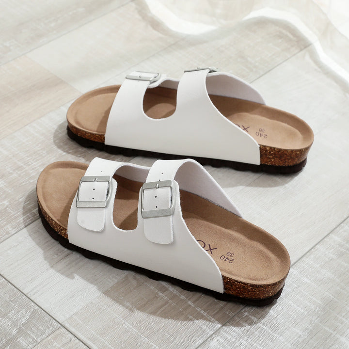 Slip-On-Sandalen Damen – Fußbett in Korkoptik mit verstellbaren Schnallenriemen