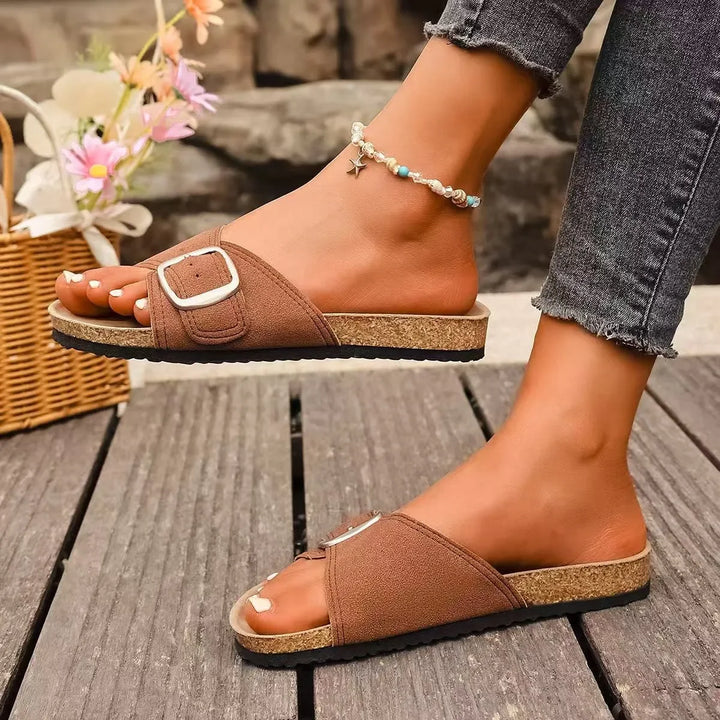 Slip-On-Plateausandalen Damen – Mittelsohle in Korkoptik mit Schnallenriemen
