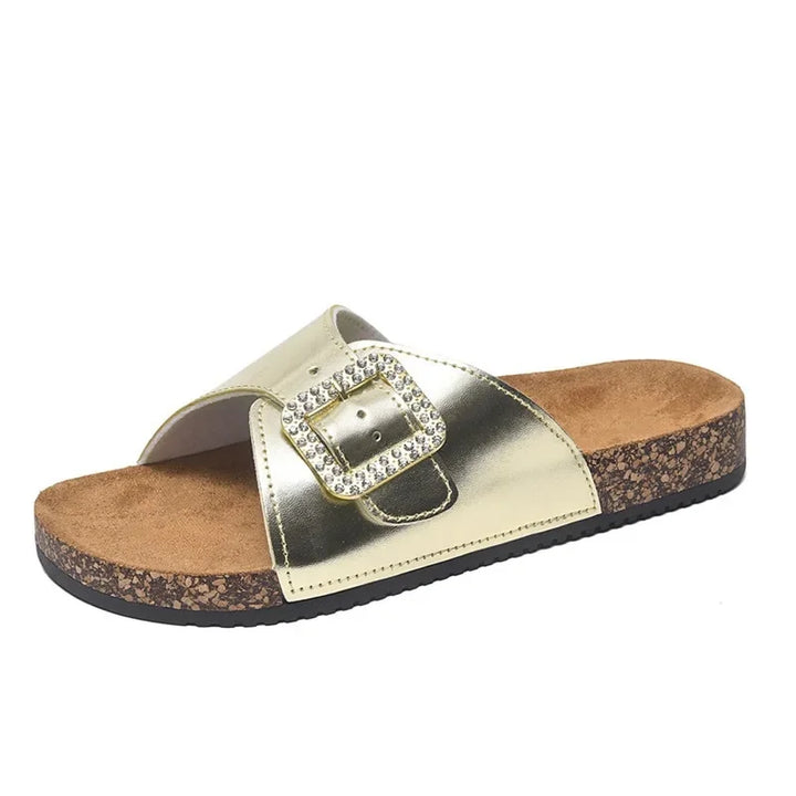 Slip-On-Sandalen Damen – Überkreuzte Riemen mit Mittelsohle in Korkoptik