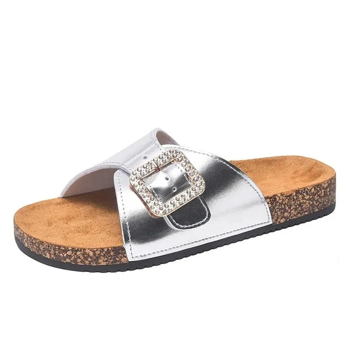 Slip-On-Sandalen Damen – Überkreuzte Riemen mit Mittelsohle in Korkoptik