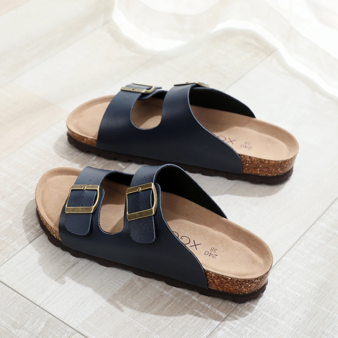 Slip-On-Sandalen Damen – Fußbett in Korkoptik mit verstellbaren Schnallenriemen