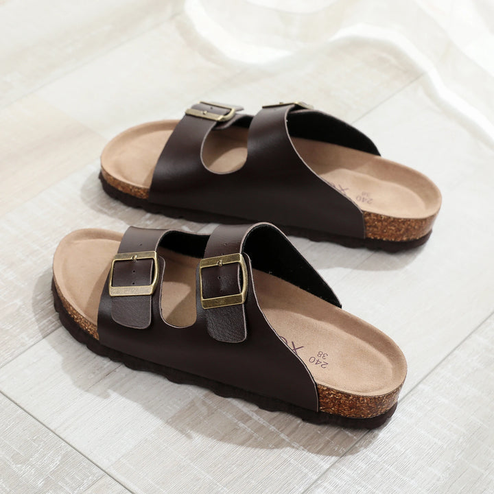 Slip-On-Sandalen Damen – Fußbett in Korkoptik mit verstellbaren Schnallenriemen