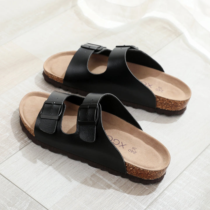 Slip-On-Sandalen Damen – Fußbett in Korkoptik mit verstellbaren Schnallenriemen