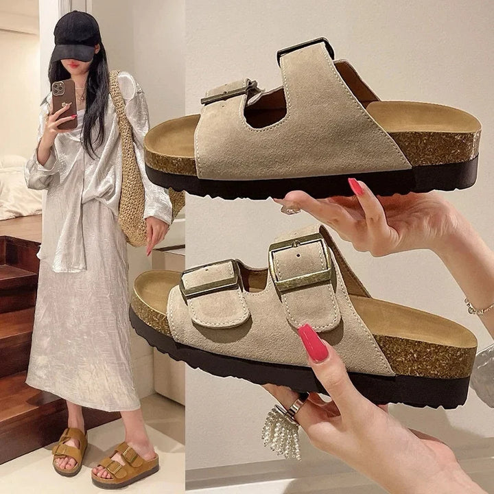 Slip-On-Sandalen Damen – Mittelsohle in Korkoptik mit zwei Schnallenriemen