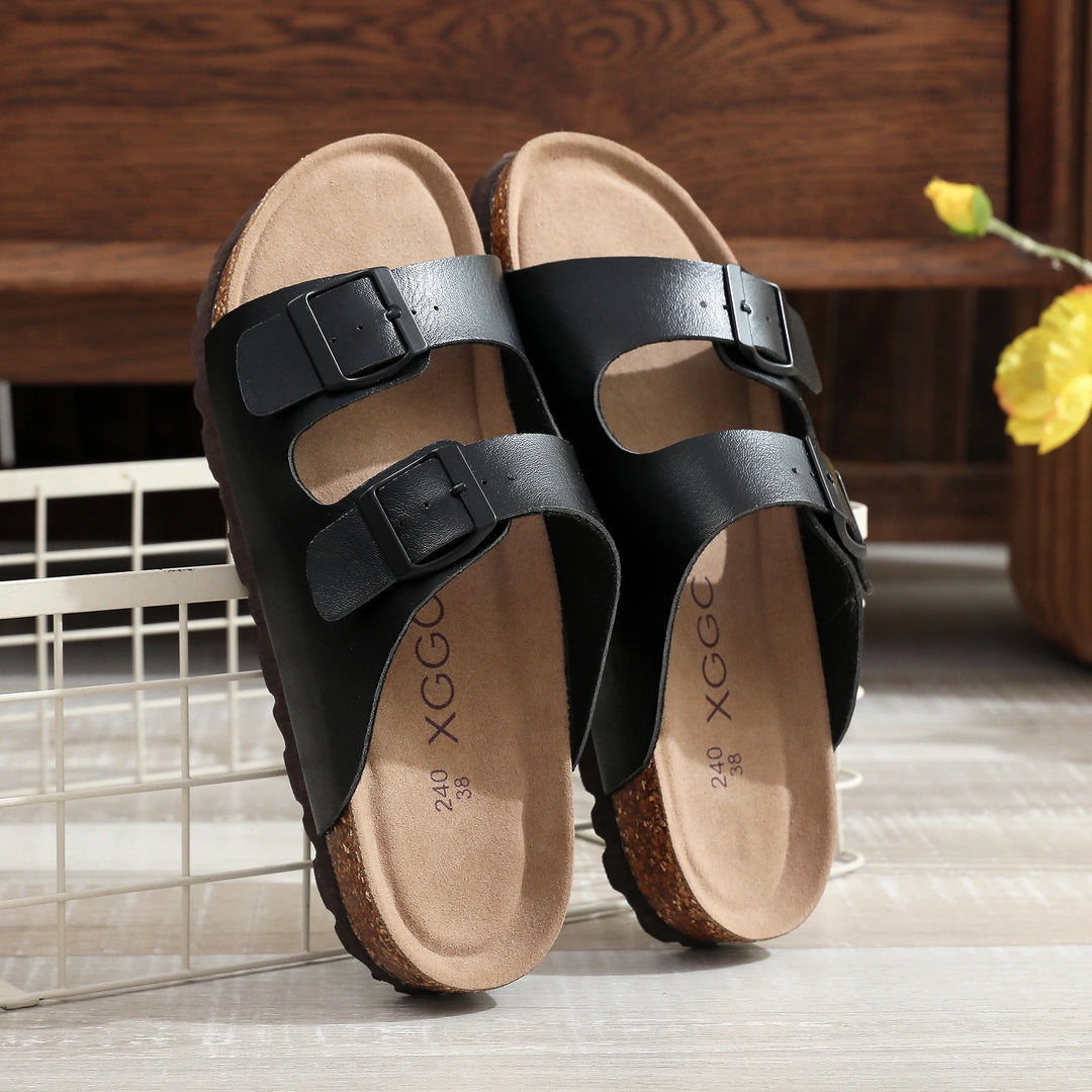 Slip-On-Sandalen Damen – Fußbett in Korkoptik mit verstellbaren Schnallenriemen
