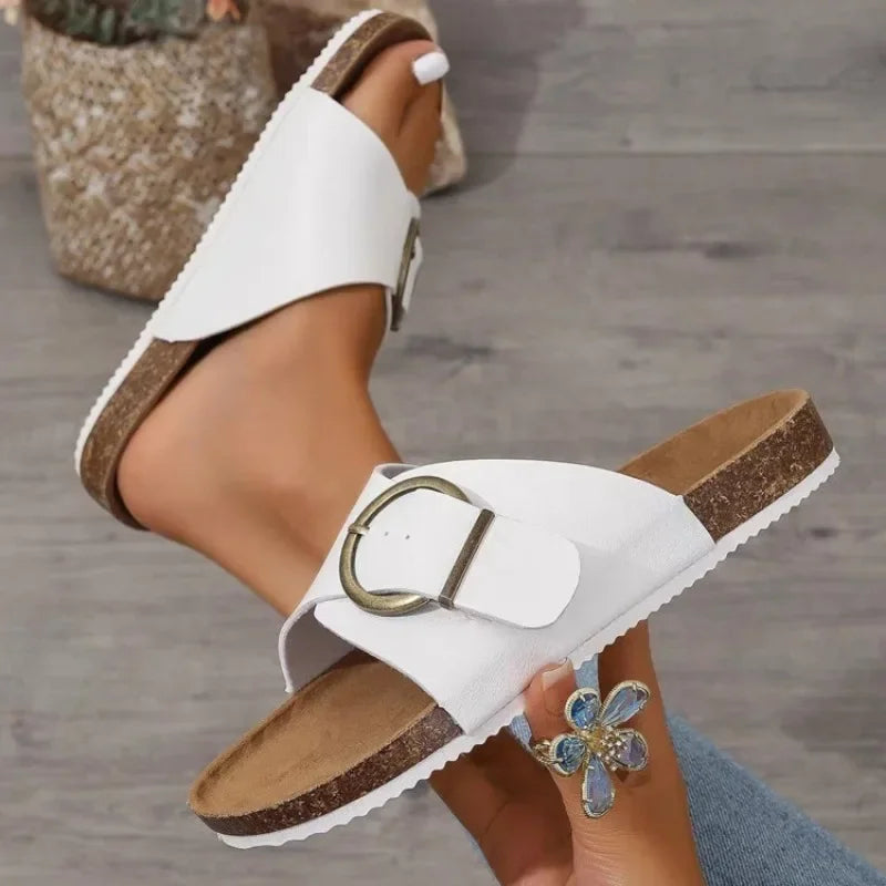 Slip-On-Sandalen Damen – Fußbett in Korkoptik mit verstellbarem Schnallenriemen