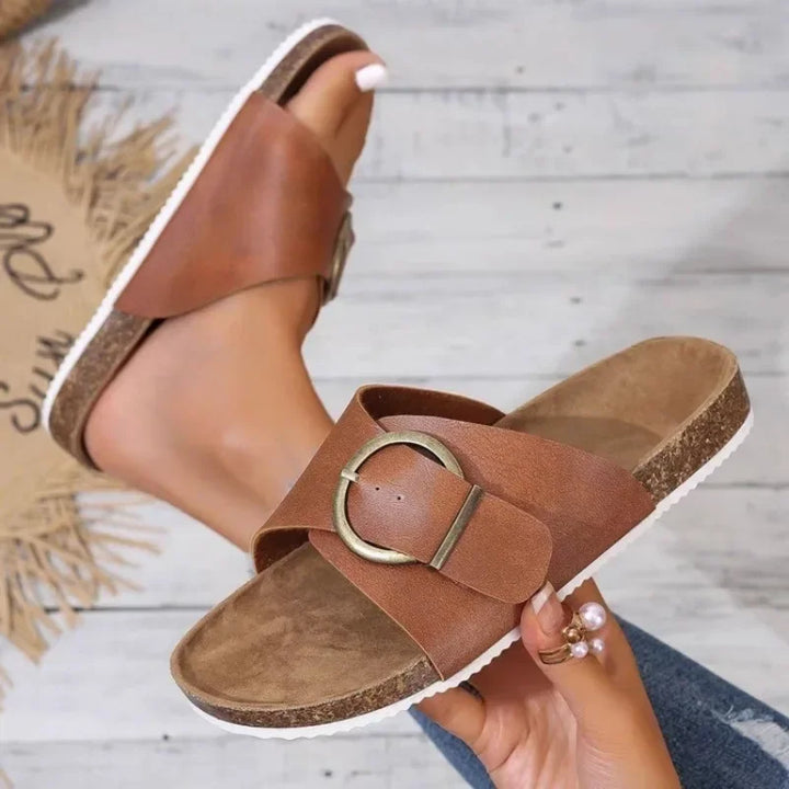 Slip-On-Sandalen Damen – Fußbett in Korkoptik mit verstellbarem Schnallenriemen