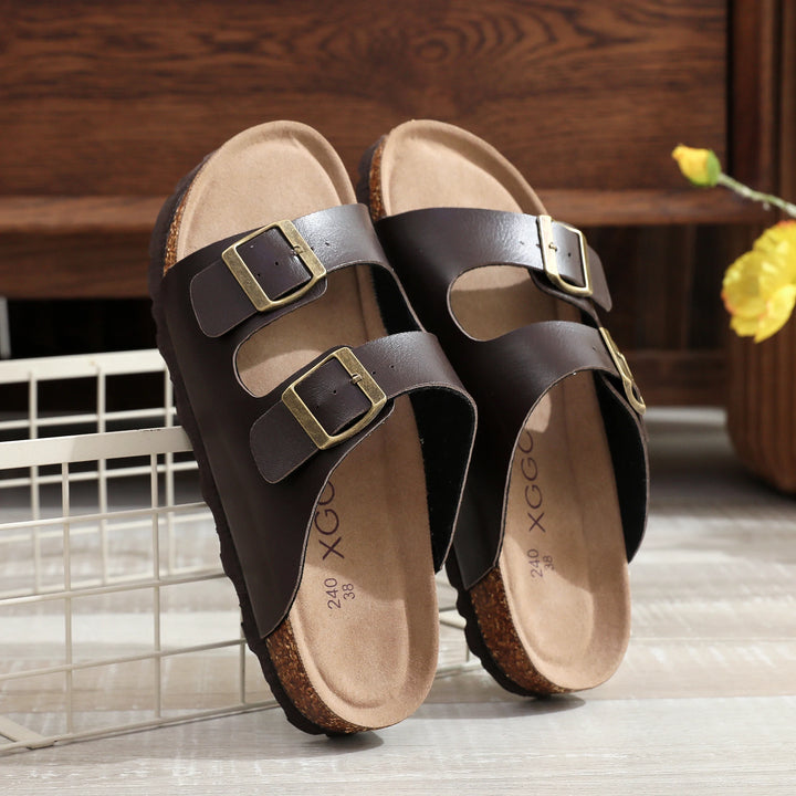Slip-On-Sandalen Damen – Fußbett in Korkoptik mit verstellbaren Schnallenriemen