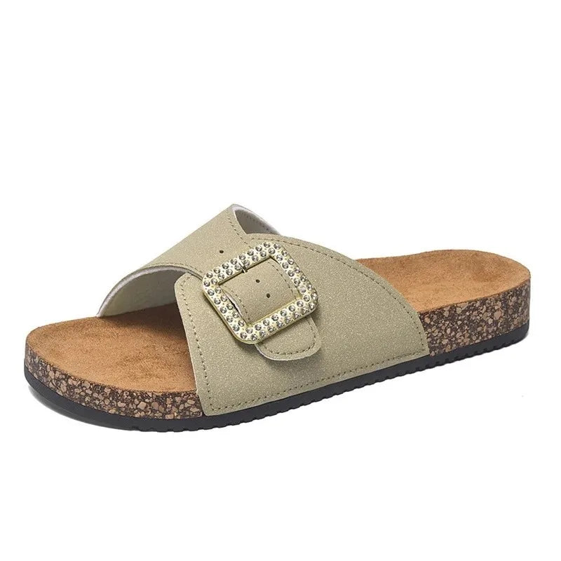 Slip-On-Sandalen Damen – Überkreuzte Riemen mit Mittelsohle in Korkoptik