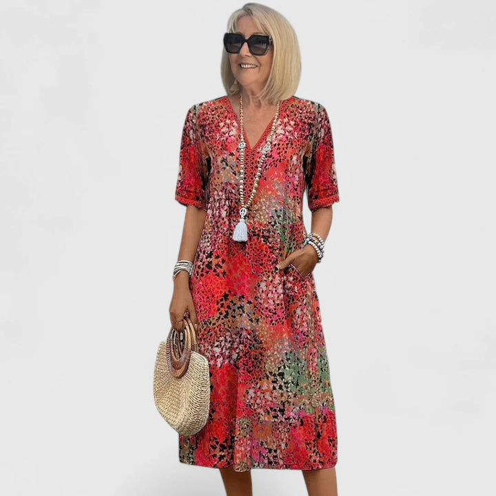 Sommer-Midikleid Damen Abstrakter Print mit Seitentaschen