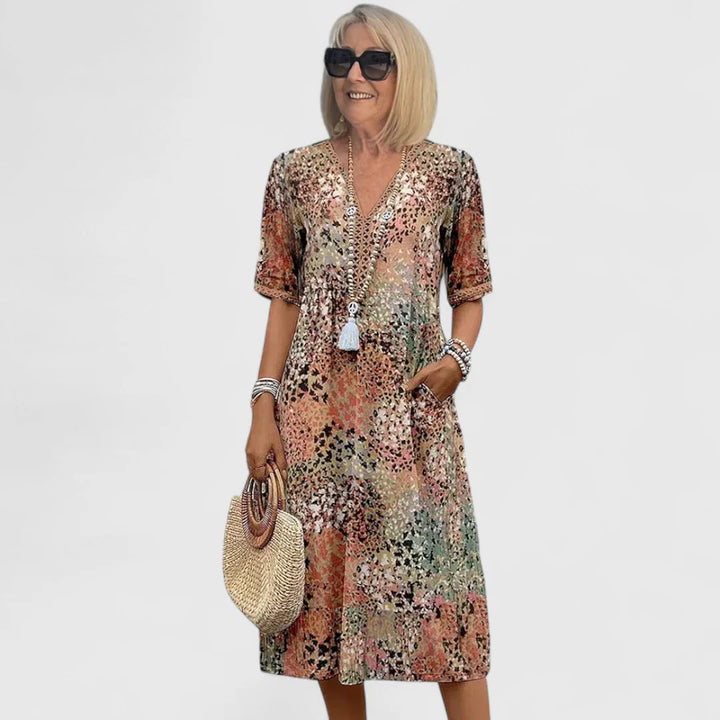 Sommer-Midikleid Damen Abstrakter Print mit Seitentaschen