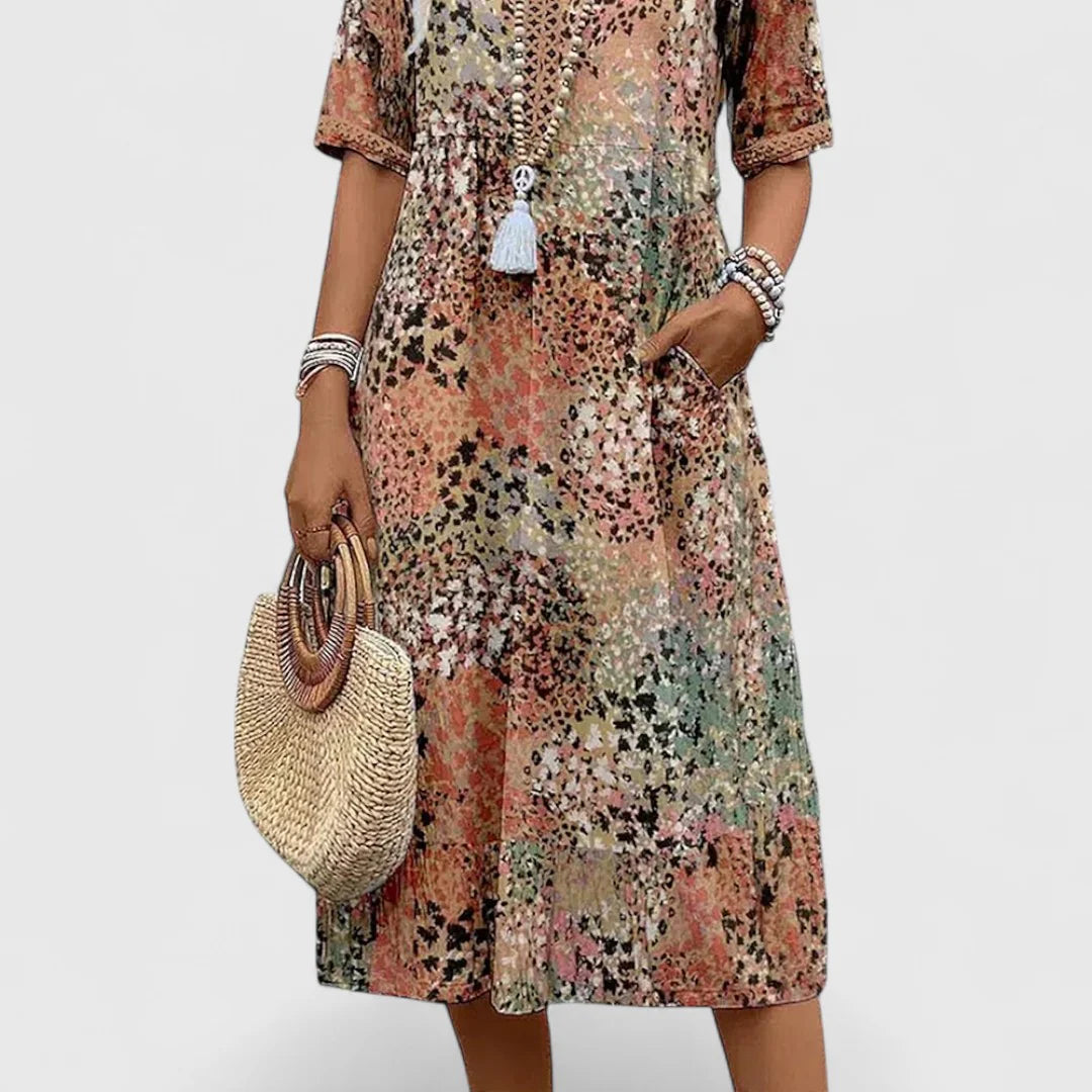 Sommer-Midikleid Damen Abstrakter Print mit Seitentaschen