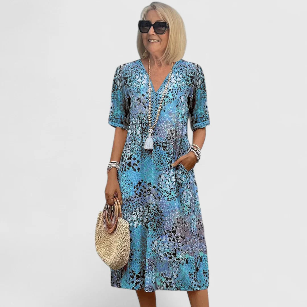 Sommer-Midikleid Damen Abstrakter Print mit Seitentaschen
