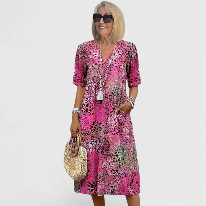 Sommer-Midikleid Damen Abstrakter Print mit Seitentaschen