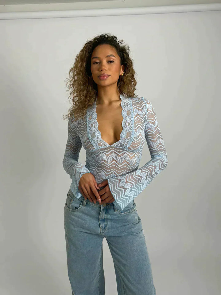 Spitzenbluse Damen Transparente Oberfläche mit tiefem V-Ausschnitt