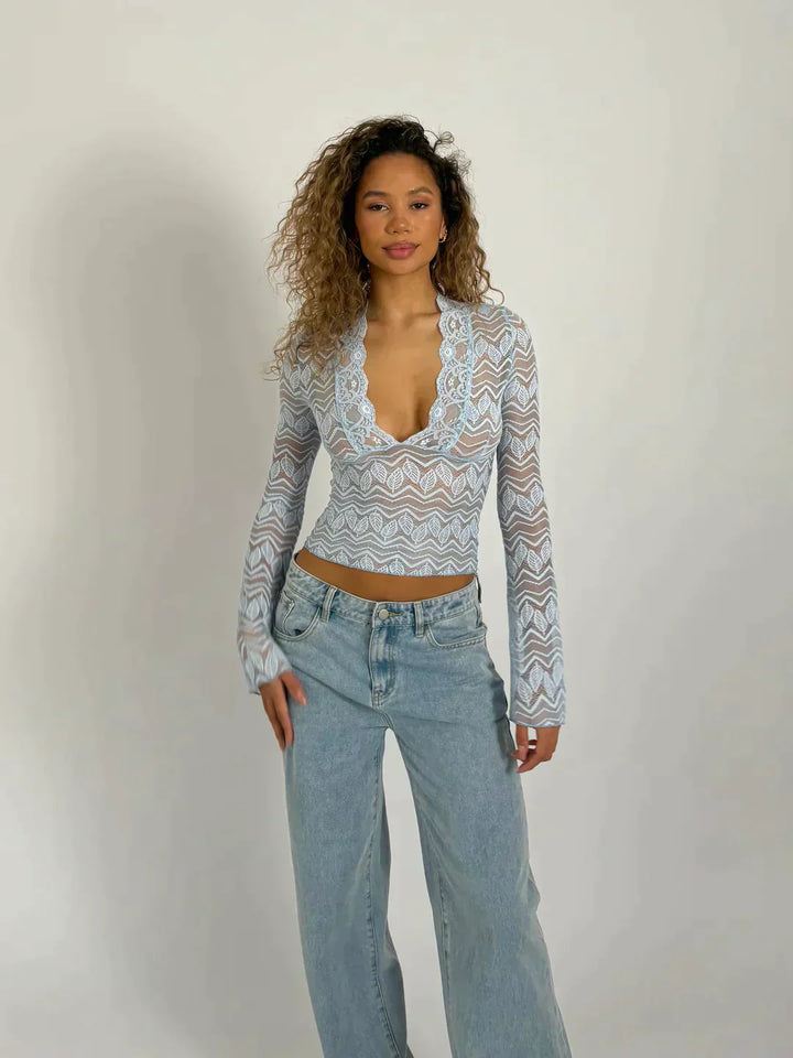 Spitzenbluse Damen Transparente Oberfläche mit tiefem V-Ausschnitt