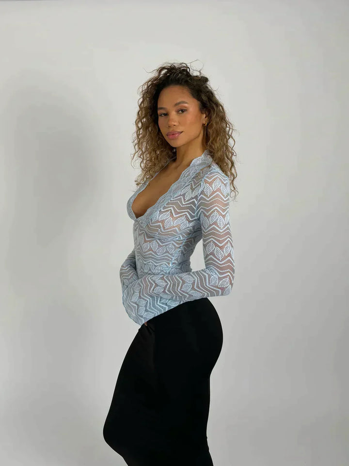 Spitzenbluse Damen Transparente Oberfläche mit tiefem V-Ausschnitt