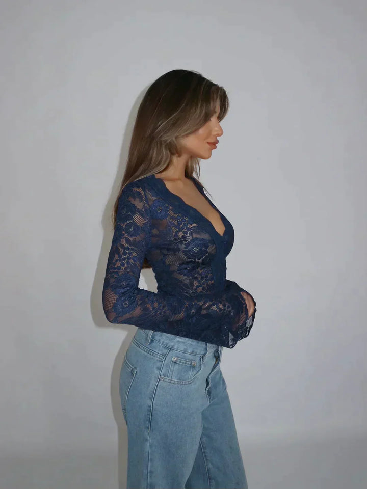 Spitzenbluse Damen Transparente Oberfläche mit tiefem V-Ausschnitt