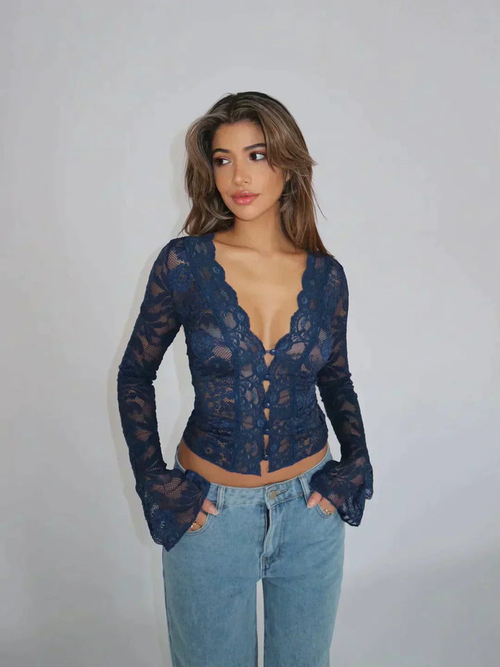 Spitzenbluse Damen Transparente Oberfläche mit tiefem V-Ausschnitt