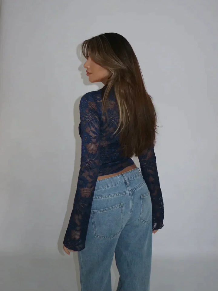 Spitzenbluse Damen Transparente Oberfläche mit tiefem V-Ausschnitt