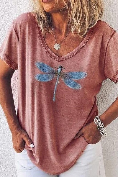T-Shirt mit V-Ausschnitt Damen Lockere Passform mit Frontprint