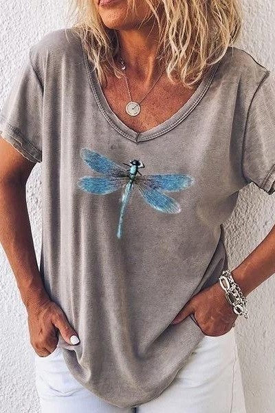 T-Shirt mit V-Ausschnitt Damen Lockere Passform mit Frontprint