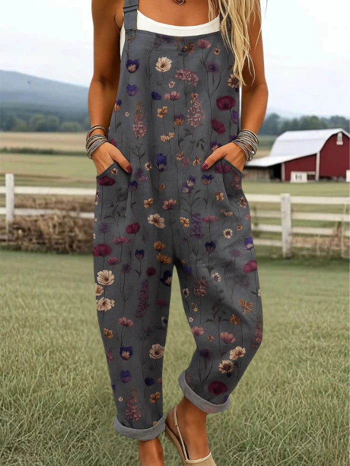 Vintage-Print Jumpsuit Damen Ganzflächiger Botanischer Look mit Verstellbaren Trägern