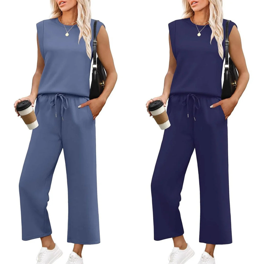 Zweiteiliges Loungewear-Set Damen Weiche Oberfläche mit Strukturierten Schultern