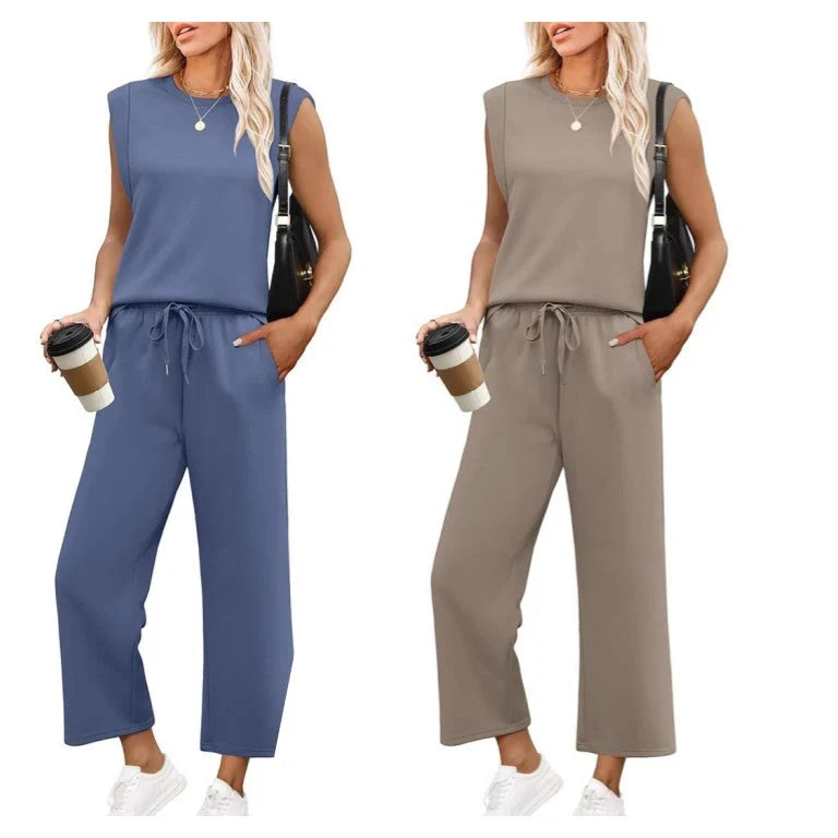 Zweiteiliges Loungewear-Set Damen Weiche Oberfläche mit Strukturierten Schultern