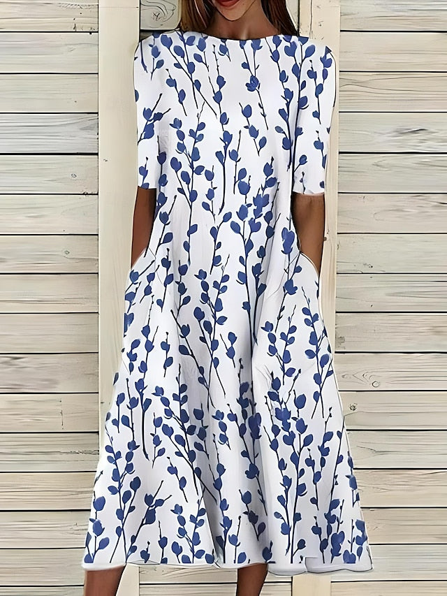 Geblümtes Midikleid für Damen – Fließende Struktur mit Taschen