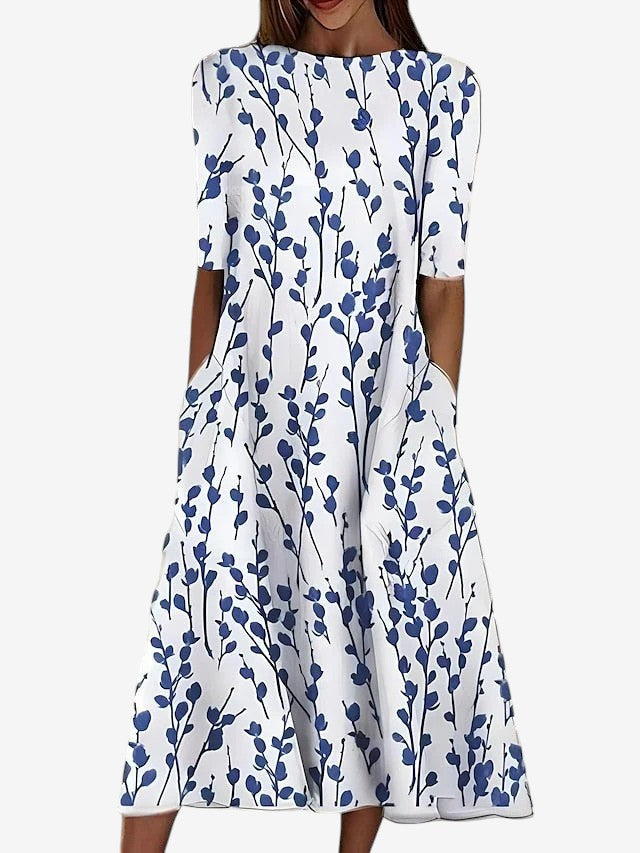 Geblümtes Midikleid Damen – Küsten-Print mit A-Linien-Struktur