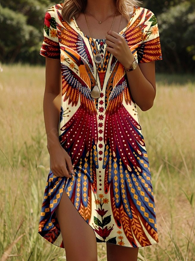 Boho-Sommerkleid Damen – Baumwollmischung mit Ethno-Print