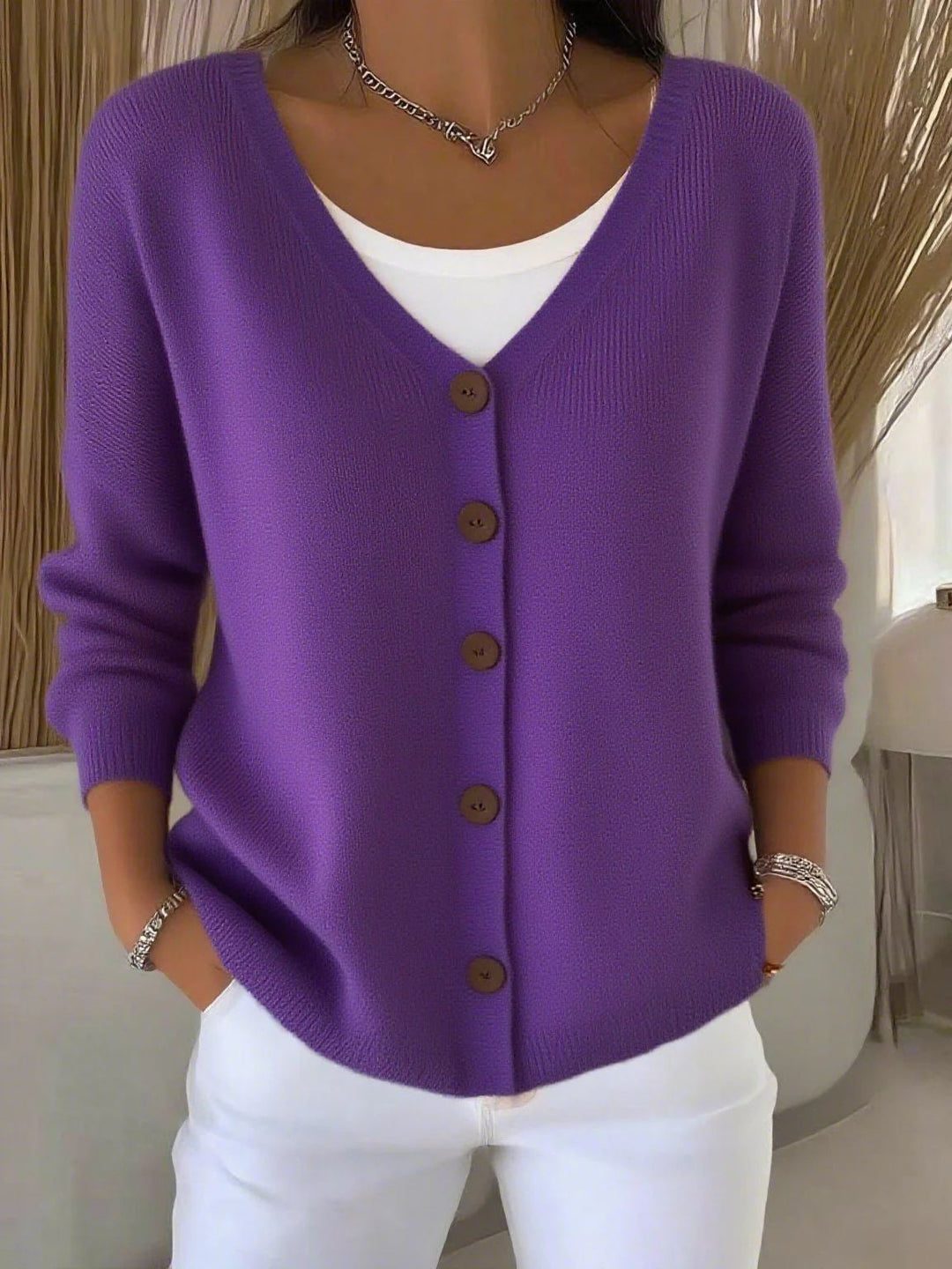 Olivia - Langarm V-Ausschnitt Knopf Pullover