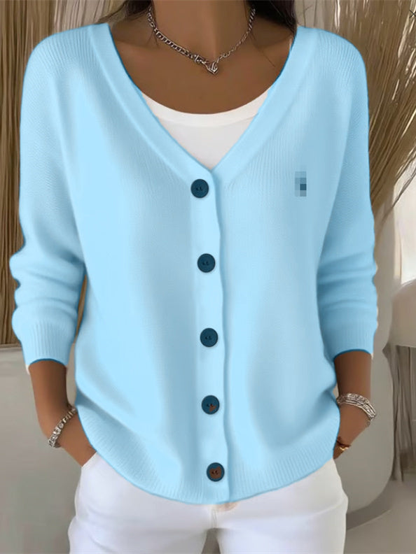 Olivia - Langarm V-Ausschnitt Knopf Pullover