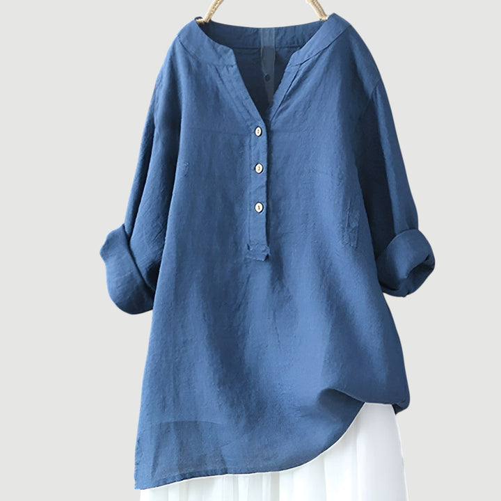 Damen-Freizeitbluse mit langen Ärmeln – V-Schlitz-Ausschnitt und abgerundetem Saum