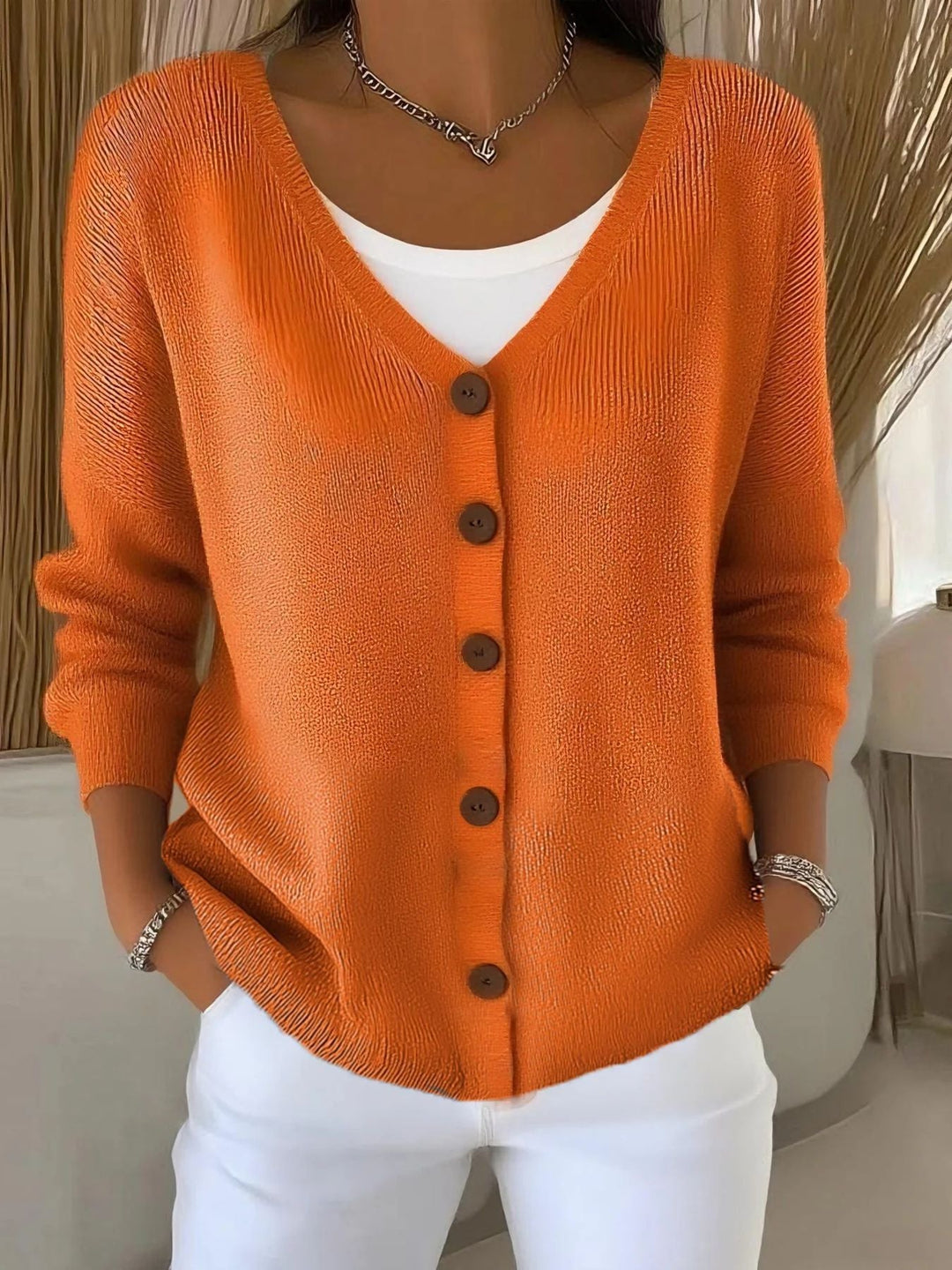 Olivia - Langarm V-Ausschnitt Knopf Pullover