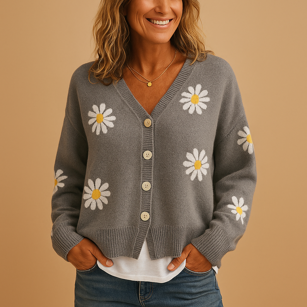 Gestrickte Damenstrickjacke mit Blumenmuster und Knopfverschluss | Marije