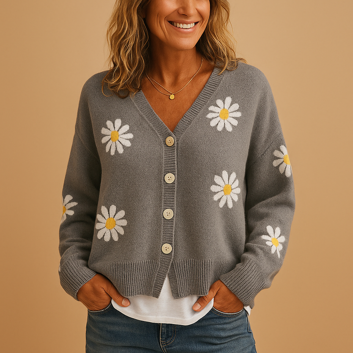 Gestrickte Damenstrickjacke mit Blumenmuster und Knopfverschluss | Marije
