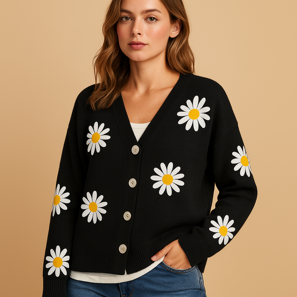 Gestrickte Damenstrickjacke mit Blumenmuster und Knopfverschluss | Marije