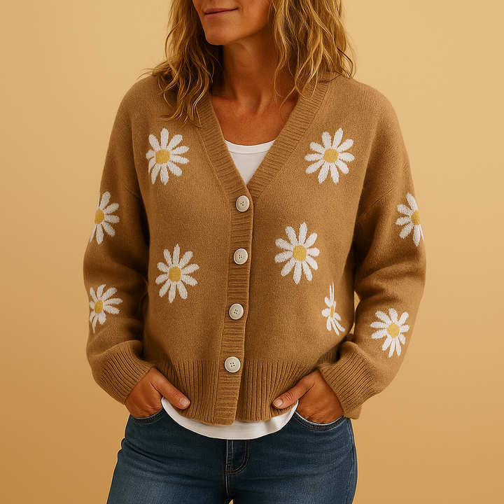 Gestrickte Damenstrickjacke mit Blumenmuster und Knopfverschluss | Marije