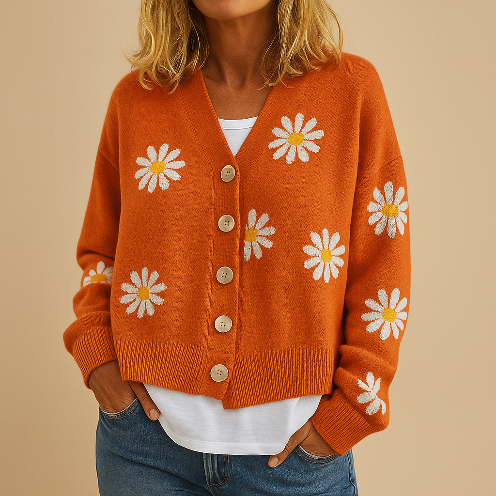 Gestrickte Damenstrickjacke mit Blumenmuster und Knopfverschluss | Marije