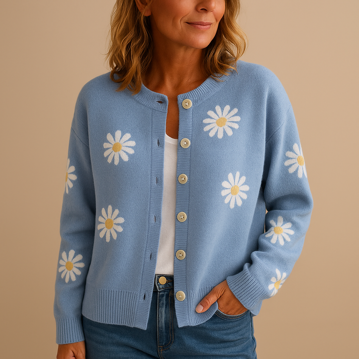 Gestrickte Damenstrickjacke mit Blumenmuster und Knopfverschluss | Marije