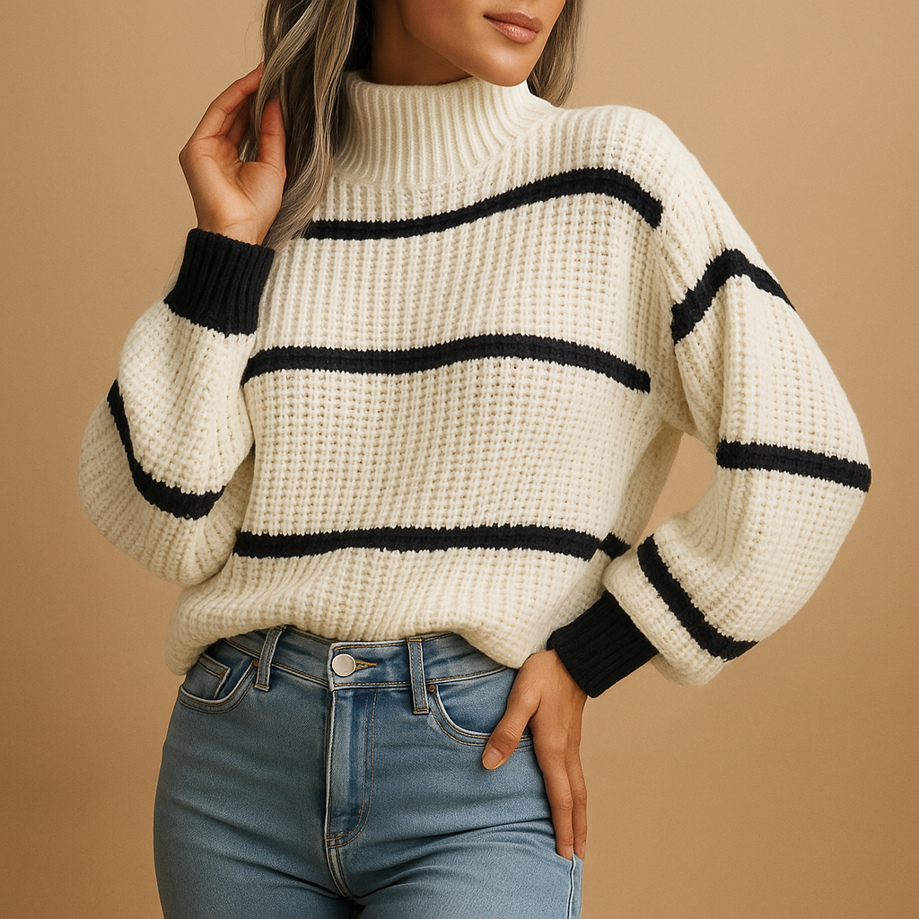 Gestrickter Pullover mit hohem Kragen und Streifen für Damen | Isa