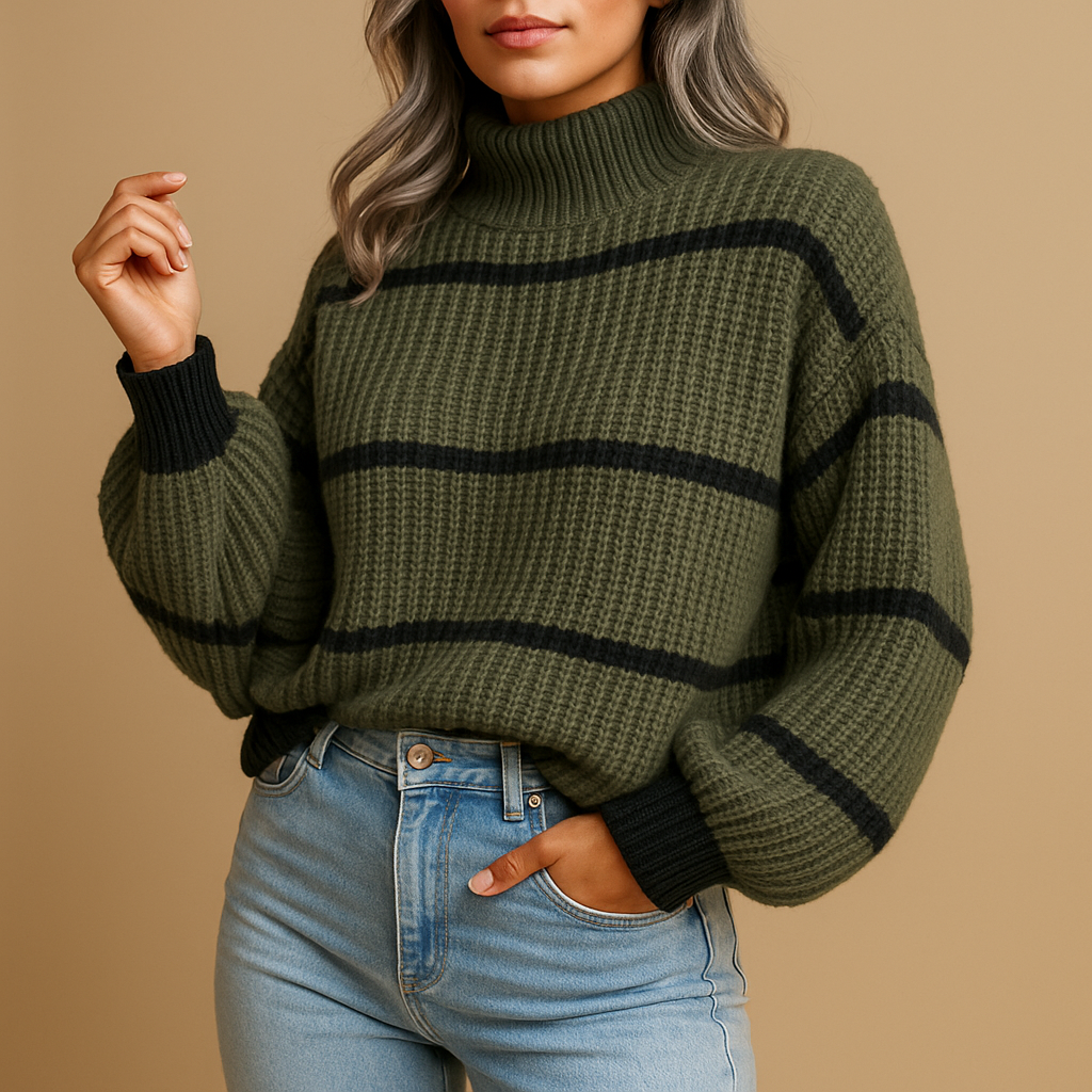 Gestrickter Pullover mit hohem Kragen und Streifen für Damen | Isa