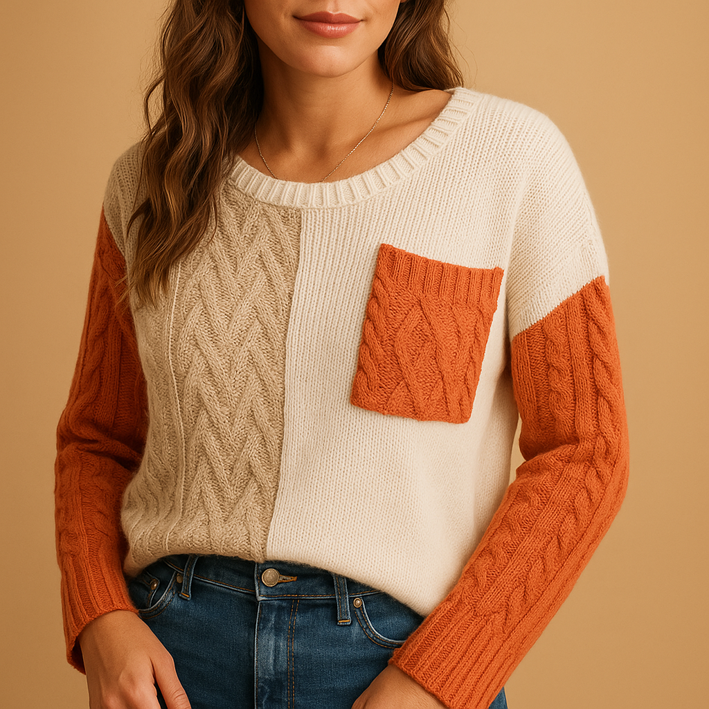 Gestrickter Damenpullover mit Zopfmuster und Taschen-Detail | Yara