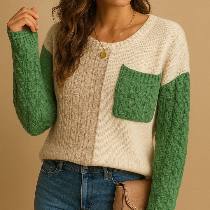 Gestrickter Damenpullover mit Zopfmuster und Taschen-Detail | Yara