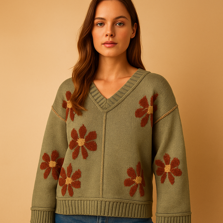 Gestrickter V-Ausschnitt Damenpullover mit Blumenmuster | Elvira