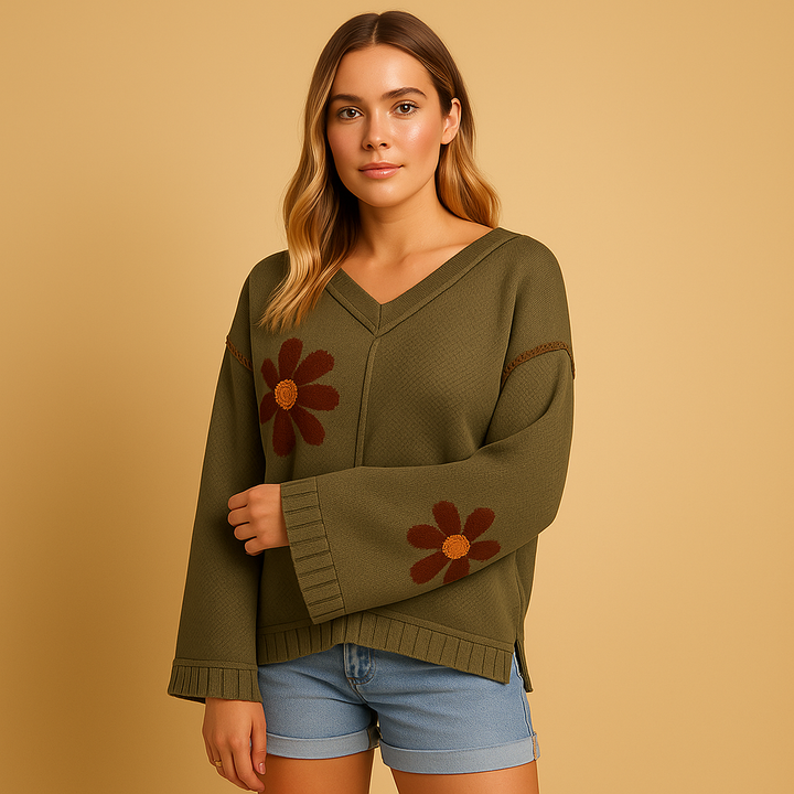 Gestrickter V-Ausschnitt Damenpullover mit Blumenmuster | Elvira